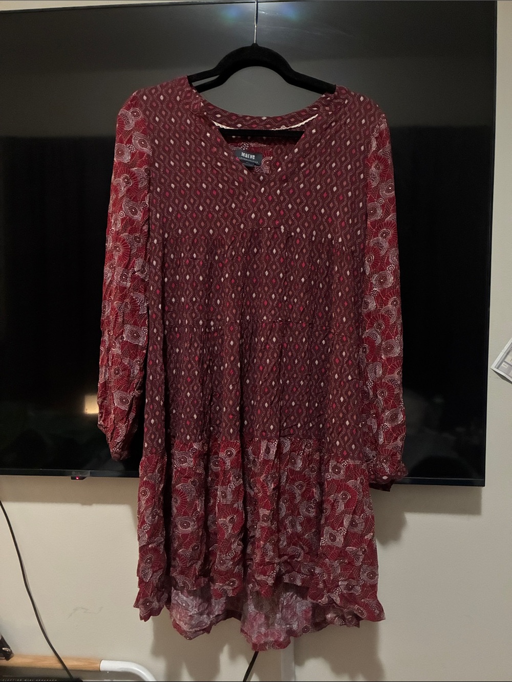 Anthropologie Maeve Burgundy Printed Long-Sleeve Tiered Dress Boho